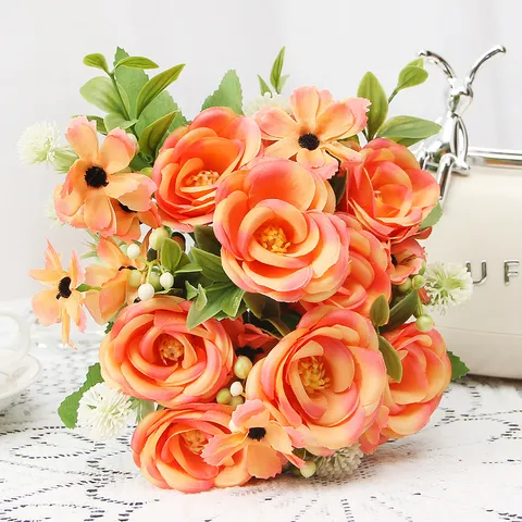 Fiori Artificiali Bouquet di Rose e Camelie in Seta e Plastica Finti Fiori per Arredamento Casa Festa di Matrimonio Composizione Floreale