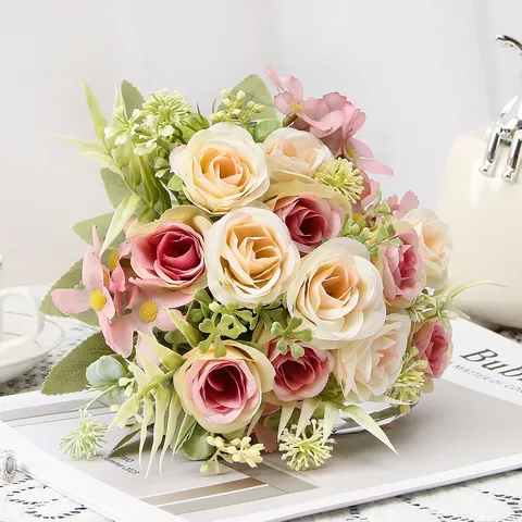 Nordico Finto Bouquet di Fiori di Rosa Seta Plastica Fiori Finti Multi-Testa Mona Rose per Casa Matrimonio Festa Arredamento