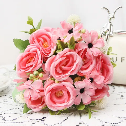 Fiori Artificiali Bouquet di Rose e Camelie in Seta e Plastica Finti Fiori per Arredamento Casa Festa di Matrimonio Composizione Floreale