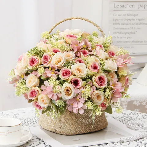 Nordico Finto Bouquet di Fiori di Rosa Seta Plastica Fiori Finti Multi-Testa Mona Rose per Casa Matrimonio Festa Arredamento