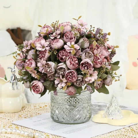Bouquet di Rose Artificiali Fiore di Seta Composizione Floreale Per Decorazione Casa Matrimonio Festa