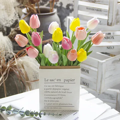 PU Mini Tulipano Fiori Artificiali Realistici Singolo Stelo Finto Bouquet di Fiori per Casa Matrimonio Festa Decorazione