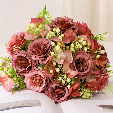 Bouquet di Fiori Artificiali Peonia in Seta Rosa Composizione di Fiori Finti Per Casa Matrimonio Decorazione Centro Tavola
