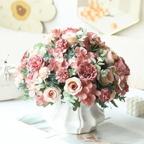 European Artificial Silk Rose Peony Hydrangea Flower Bouquet Handmade DIY Home Wedding Party Decorative Fake Flowers