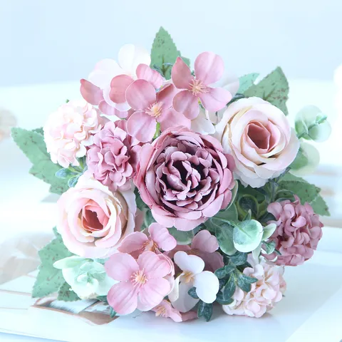 European Artificial Silk Rose Peony Hydrangea Flower Bouquet Handmade DIY Home Wedding Party Decorative Fake Flowers