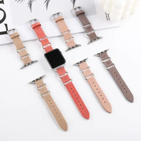 Bracelet de Montre en Cuir Tendance Bracelet Gaufré Joli Ours Bracelet de Rechange Compatible Avec Apple Watch et Smartwatch