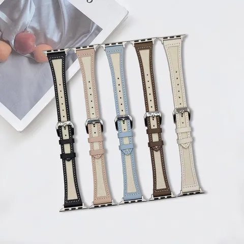 Bracelet De Montre De Rechange En Cuir Véritable Et Toile Compatible Avec Apple Watch Conception De Taille Fine Boucle Métallique