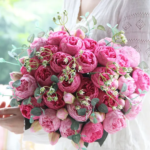 Korean Style Artificial Rose And Peony Flower Bundle Silk Fabric Simulation Flowers For Home Wedding Party Decoration