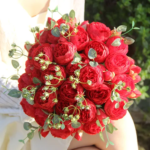 Korean Style Artificial Rose And Peony Flower Bundle Silk Fabric Simulation Flowers For Home Wedding Party Decoration