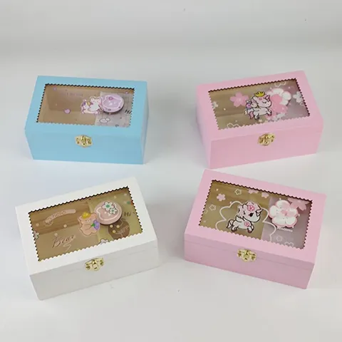 Caja de Música Creativa de Madera de Pino Caja Organizador de Joyas Mecánica con Ventana Transparente Patrón de Animal Lindo Decoración