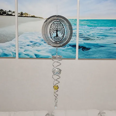 Stainless Steel Rotating Wind Chime Tree Of Life Heart Six-Leaf Flower Square Hanging Ornament Home Garden Decor