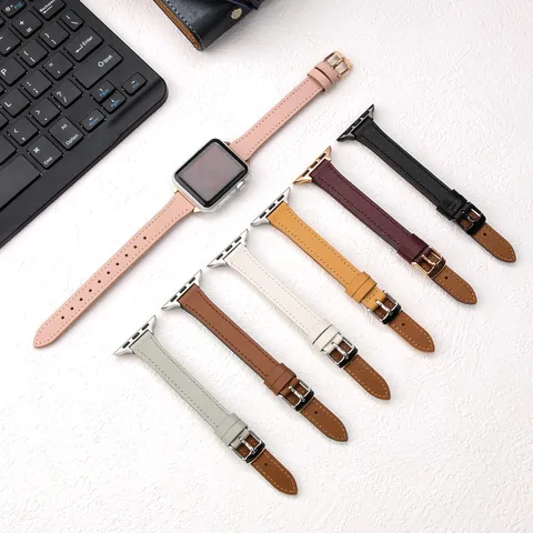 Bracelet de Montre en Cuir Véritable Compatible Avec Smartwatch Ultra SE Série Doux Mince Bracelet de Rechange Poignet Minimaliste