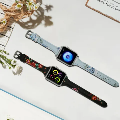 Bracelet de Montre en Cuir Imprimé Floral Pour Apple Watch Ultra SE Série Mode Décontracté Remplacement Femme