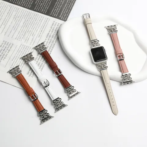 Bracelet de Montre Connectée en Cuir pour Montre Intelligente Bracelet de Rechange Compatible Design Élégant en Nœud Métallique