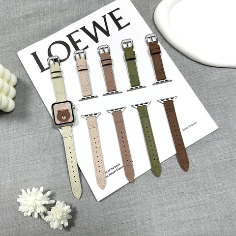 Cute Bear Embossed Leather Watch Strap Fashion Replacement Band For Apple Watch Smartwatch Accessories
