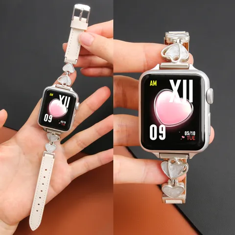 Bracelet De Montre En Cuir Avec Alliage De Métal Cœur Assemblé Pour Femmes Bande De Remplacement Mode Élégant Montre Quotidienne