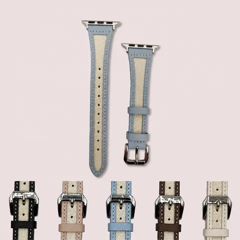 Bracelet De Montre De Rechange En Cuir Véritable Et Toile Compatible Avec Apple Watch Conception De Taille Fine Boucle Métallique