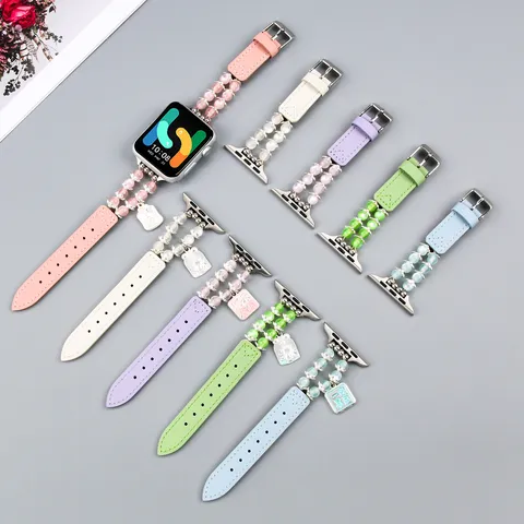 Bracelet de Montre en Cuir Piécé Pendentif Perles Œil de Chat Fin Bracelet de Rechange Pour Smartwatch Accessoire de Mode