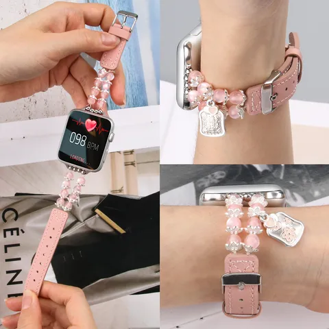 Bracelet de Montre en Cuir Piécé Pendentif Perles Œil de Chat Fin Bracelet de Rechange Pour Smartwatch Accessoire de Mode