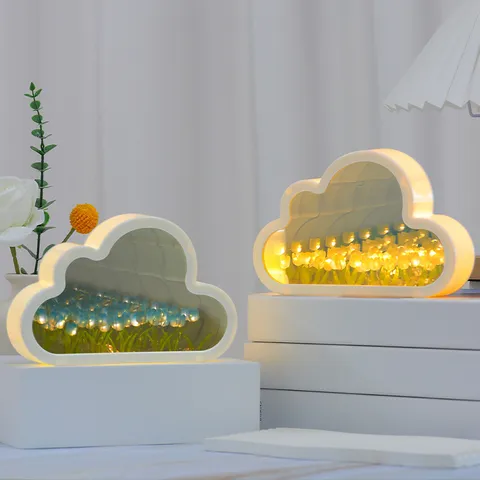 DIY Tulip Cloud Mirror Night Light USB And Battery Powered LED Flower Table Lamp Romantic Bedroom Decor Valentine Gift