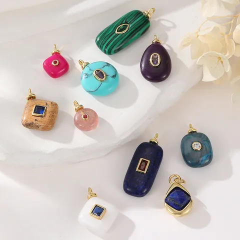 Naturstein Messing Vergoldet Kleiner Anhänger DIY Schmuckzubehör Oval Tropfen Lapislazuli Türkis Malachit Achat Charms Für Damen