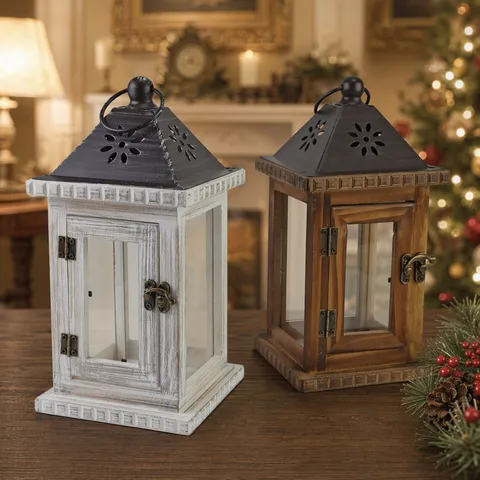 Europäischer Vintage Holz Eisen Kerzenhalter Laterne Dekorativer Leuchter Mit Glasfenster Für Haus Party Weihnachtsdeko