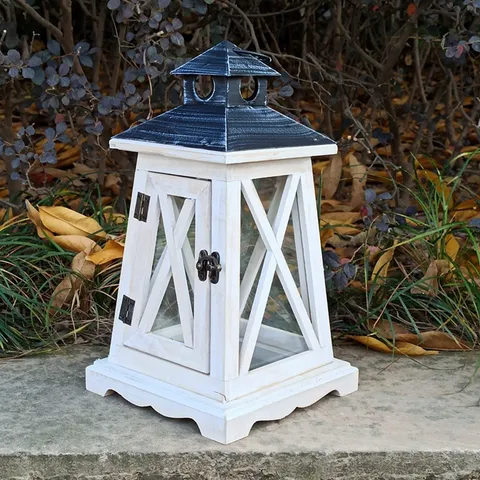 European Vintage Wooden Candle Holder Lantern Metal Iron Glass Decorative Wind Lamp Handheld Craft Home Decor