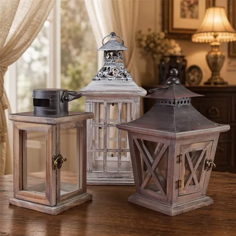 Portacandela in Legno Retro Stile Europeo Luce del Vento Finestra in Vetro Scrivania Ornamento Artigianale Decorazione Casa