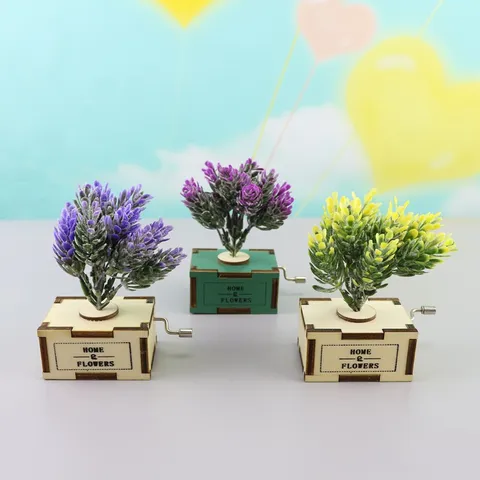Hand Cranked Wooden Music Box Lavender Floral Desktop Ornament Creative Gift Home Decor Retro Wooden Craft