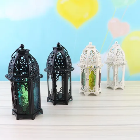 Vintage Eisen Kerzenhalter Europäischer Schloss Durchbrochene Metall Kerzenlaterne Mit Farbigen Glasscheiben Für Haus Hochzeit Dekor