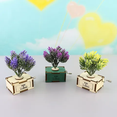 Hand Cranked Wooden Music Box Lavender Floral Desktop Ornament Creative Gift Home Decor Retro Wooden Craft