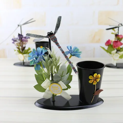 Creative Iron Pen Holder With Rotating Dragonfly Artificial Flowers Desk Storage Organizer Office Desktop Decor Handicraft