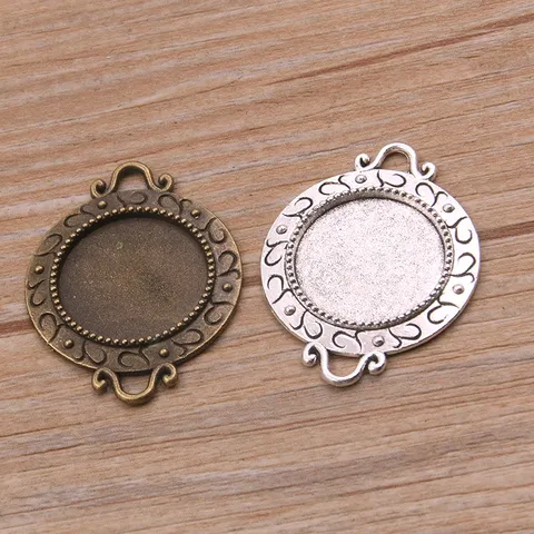 Vintage Alloy Round Bezel Settings Connector Cabochon Tray Base Fits 18mm Photo Glass Gems Intricate Frame Pattern Jewelry Making Findings Component