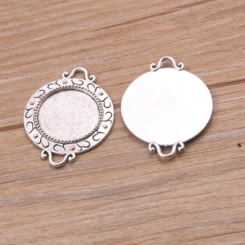 Vintage Alloy Round Bezel Settings Connector Cabochon Tray Base Fits 18mm Photo Glass Gems Intricate Frame Pattern Jewelry Making Findings Component