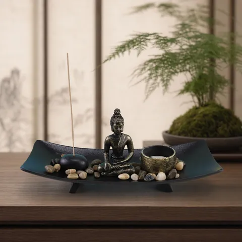 Zen Resin Incense Burner Candle Holder Set Meditation Buddha Statue Home Decor Tabletop Ornament Home Tea Room Decoration