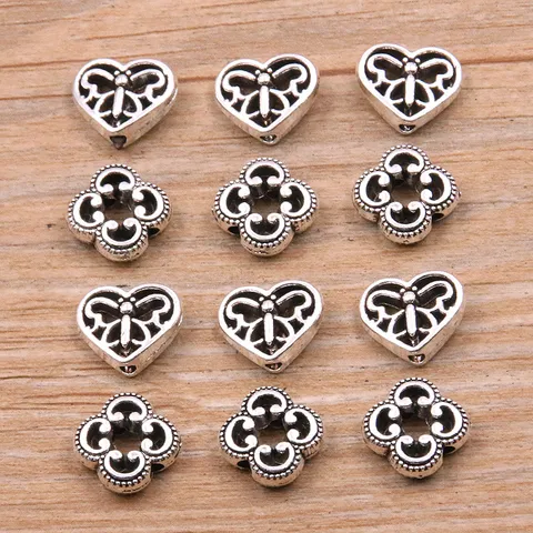 Perles d'Espacement en Alliage DIY Cœur Papillon Fleur Creux Accessoires de Bijouterie Perles Rétro Argent Bronze Petit Trou pour Bracelet Collier