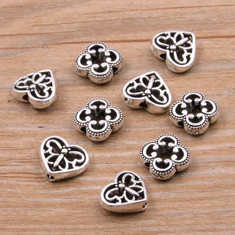 Perles d'Espacement en Alliage DIY Cœur Papillon Fleur Creux Accessoires de Bijouterie Perles Rétro Argent Bronze Petit Trou pour Bracelet Collier