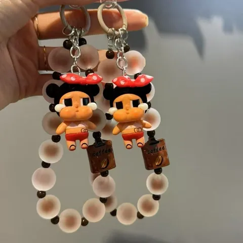 Colgante de Teléfono con Cuentas Hecho a Mano Café con Leche Lindo Dibujo Animado Muñeca Llorona Correa Accesorios Colgantes