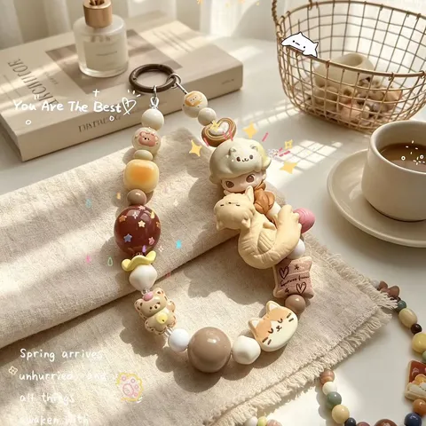 Handmade Beaded Phone Charm Acrylic Dopamine Cute Woolen Kitten Pendant Aesthetic Colorful Beaded Lanyard Strap Jewelry