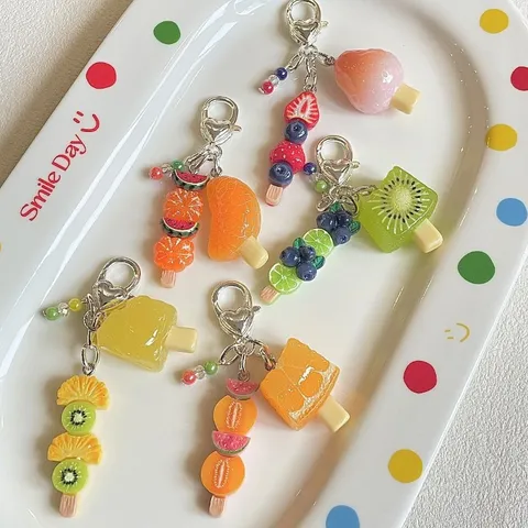 Leuke Hars Fruit Kralen Telefoonketting Tassenhanger Simulatie Aardbei Citroen Oranje Sleutelhanger Esthetische Accessoire Cadeau