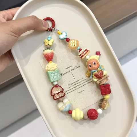 Acrylic Beaded Phone Chain Cute Cartoon Doll Bag Charm Sweet Memories Mobile Phone Lanyard Key Chain Accessories For Women
