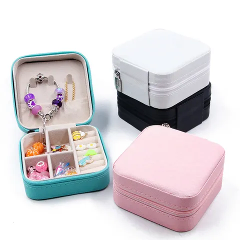 Minimalist Satin PU Leather Portable Travel Jewelry Organizer Box Square Zipper Small Storage Box For Rings Earrings Accessories Cases