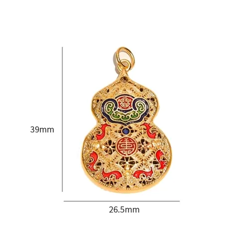 Vintage Chinese Style Copper Gourd Pendant Enamel Filigree Hollow Out Blessing Longevity Charm For Keychain Necklace Car Accessory Jewelry Gift