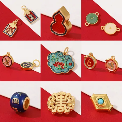 Antik Goldbeschichtete Messing Emaille Charms Für DIY Schmuckherstellung Chinesischer Knoten Friedensschloss Kürbis Perlen Anhänger