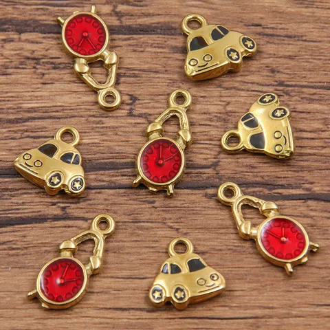 Colgante de Acero Inoxidable Dorado con Esmalte por Goteo Reloj Coche DIY Accesorios para Collar y Pulsera