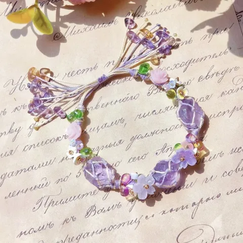 Handmade Crystal Beaded Cord Braided Flower Bracelet Purple Stone Woven Jewelry