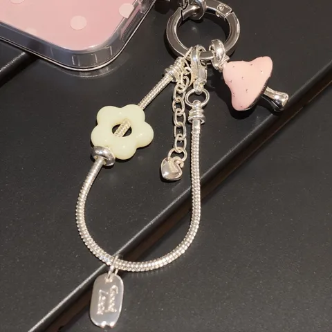 Cute Pink Mushroom Silver Chain Phone Charm Aesthetic Keychain Trendy Bag Pendant Cute Jewelry Gift For Women