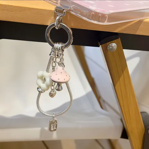 Cute Pink Mushroom Silver Chain Phone Charm Aesthetic Keychain Trendy Bag Pendant Cute Jewelry Gift For Women