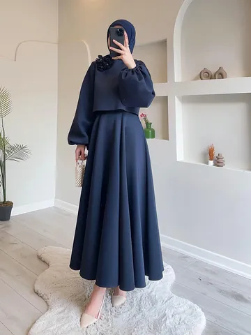 Women Autumn Elegant Two Piece Skirt Set Long Sleeve Lantern Sleeve Solid Color 3D Floral Top And Maxi Skirt Suit