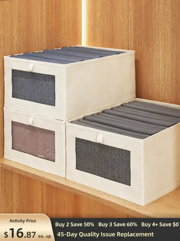 Grande Caja de Almacenamiento de Algodón y Lino Organizador de Armario Plegable Con Ventana Transparente Para Ropa Ropa Interior Calcetines Dormitorio